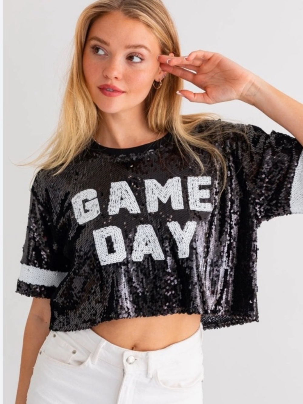Le Lis Medium Black Sequin Game Day Cropped Tee White Lettering Football